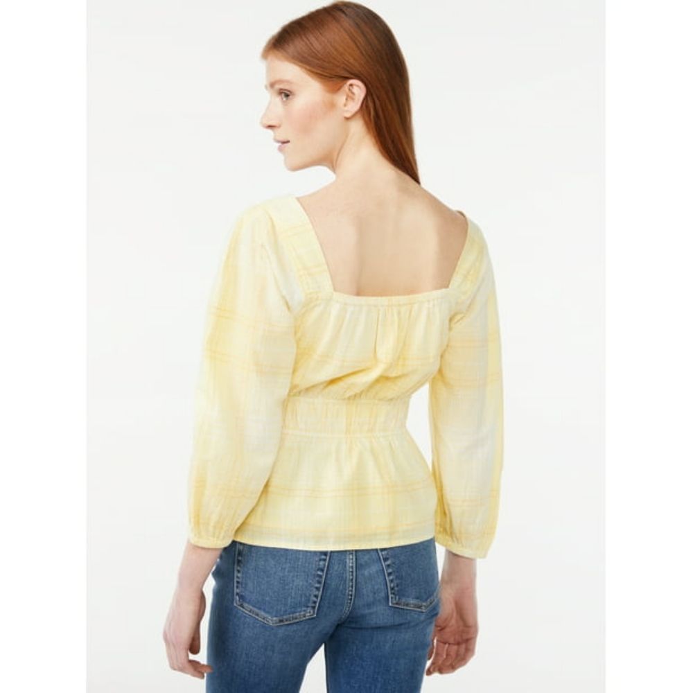 Free Assembly. Square Neck  Yellow Plaid Top.